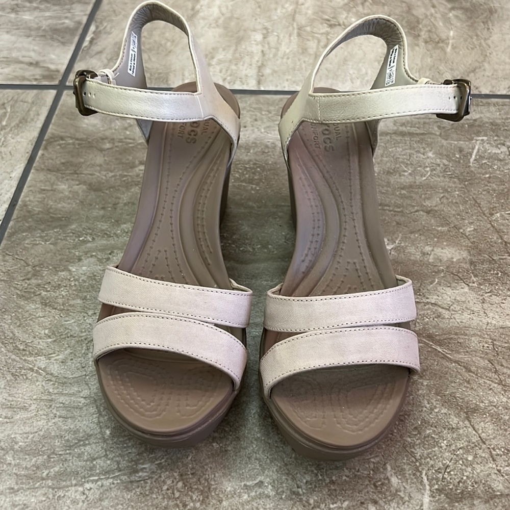 Crocs strap wedges, canvas straps around the ankle clasp, plastic soles